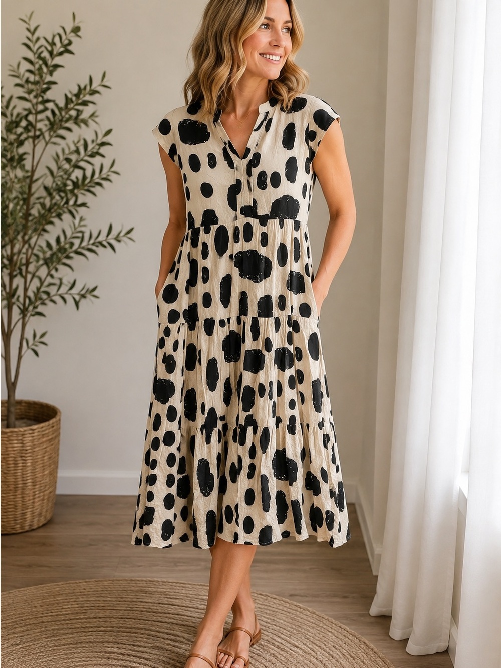 JODIFL Cream Midi Dress with Black Spot Pattern Size Medium